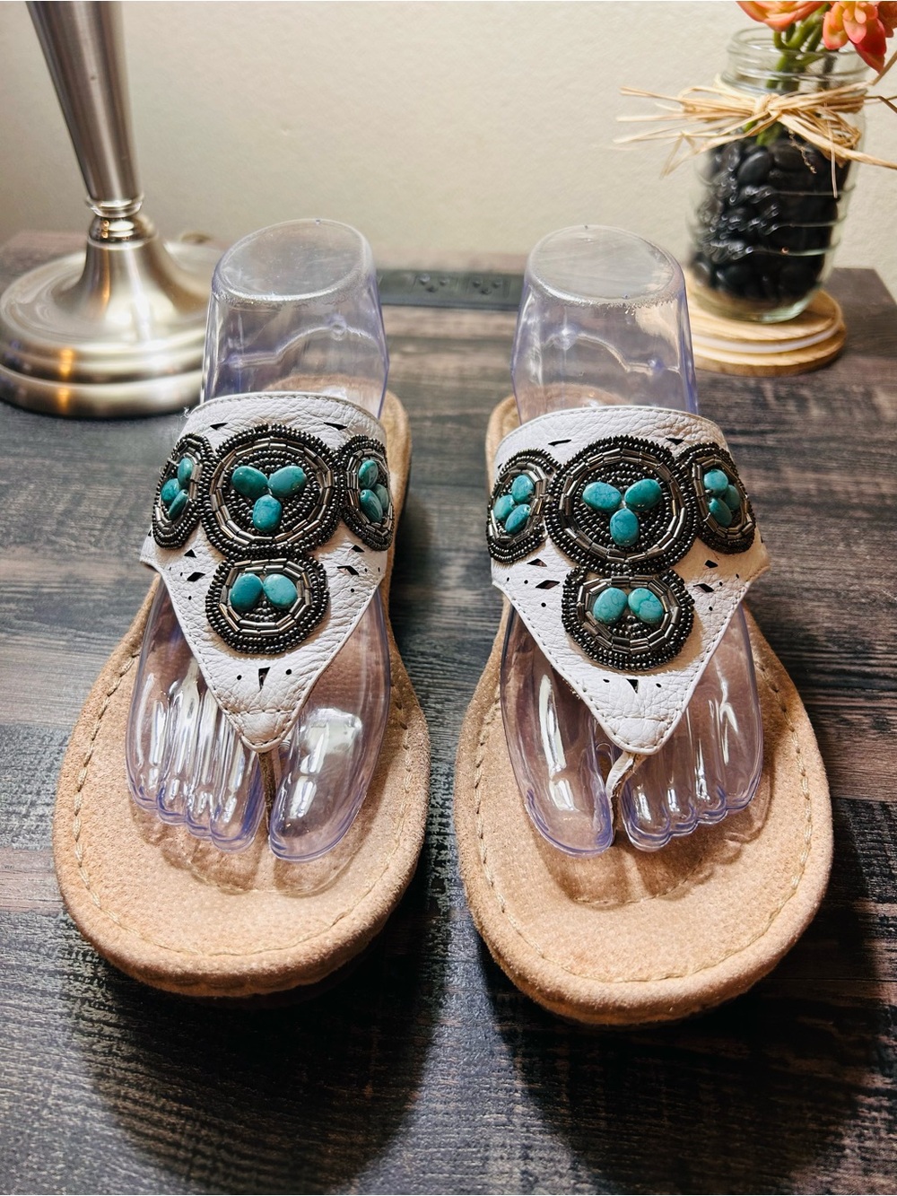 Clarks Artisan Women’s Sandals Boho White Beaded Turquoise - Picture 4 of 5